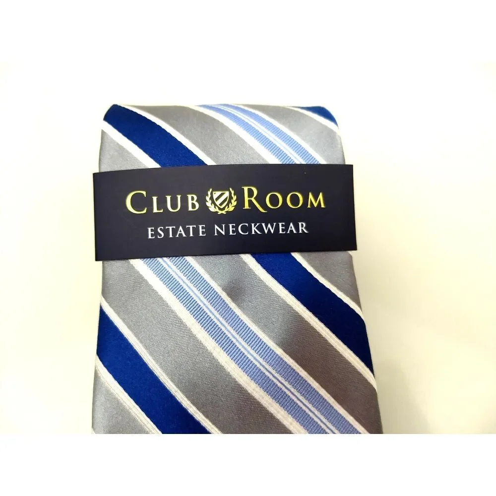 CLUB‎ ROOM 100% Silk Tie Estate Neckwear Seven Stripe Blue White Silver NWT